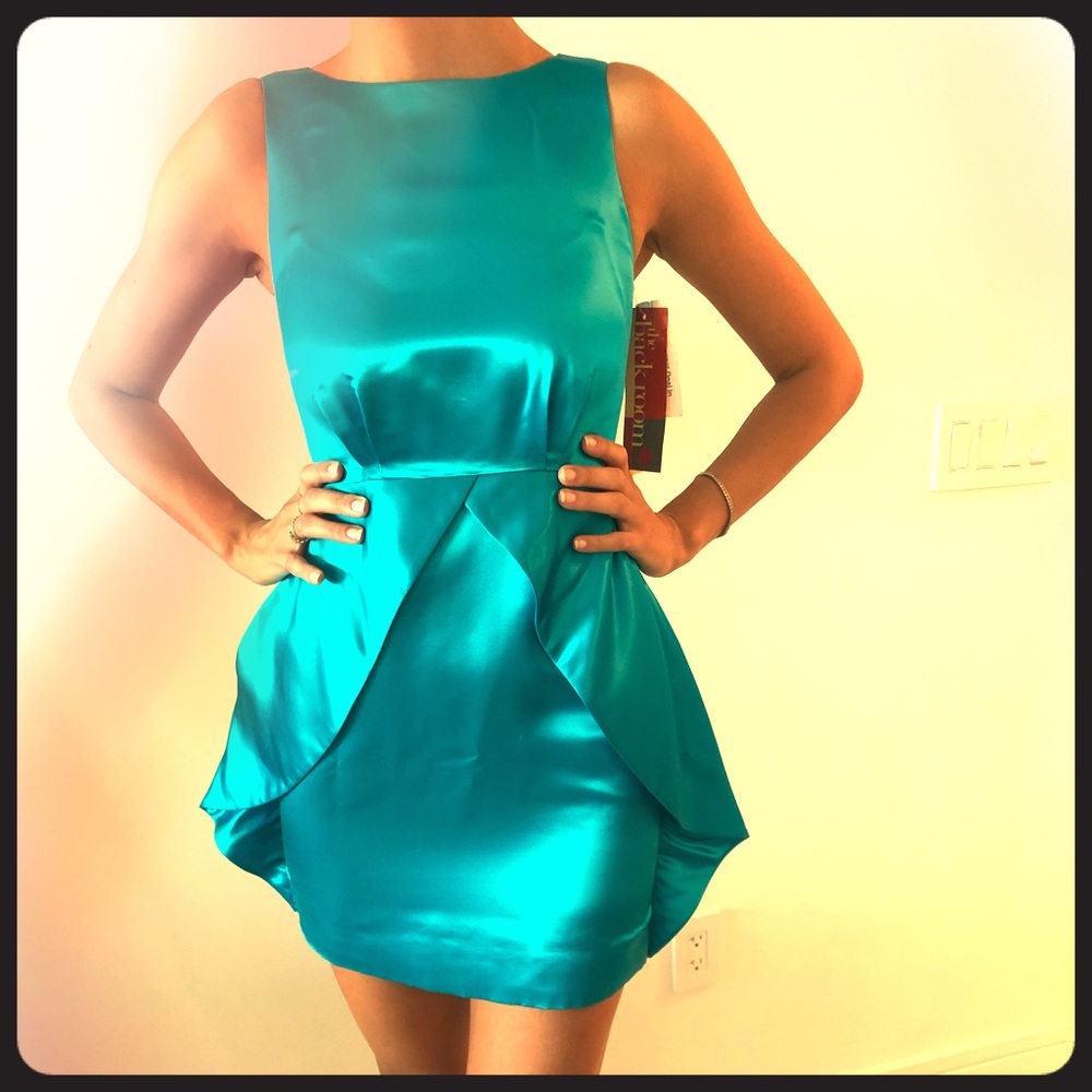 Alice & Olivia mini turquoise satin dress.